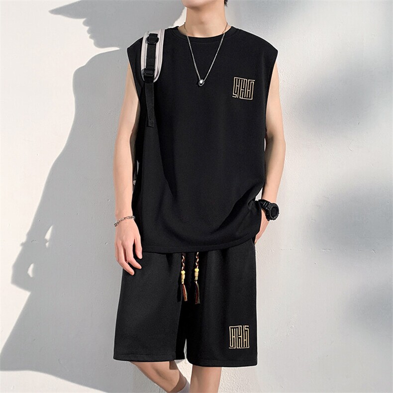 夏季刺绣五分裤套装男拼接背心休闲运动套装潮流A266-TZ1107-P43,男装牛仔裤,电商A266