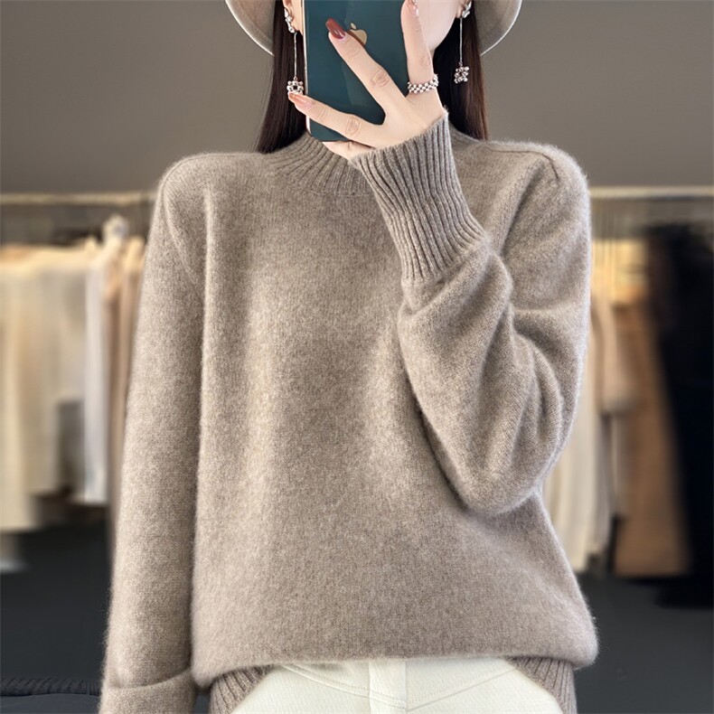 春秋精纺羊绒衫女半高领打底衫薄款内搭毛衣宽松百搭羊毛针织上衣,女装羊毛衫,大美人包芯纱店