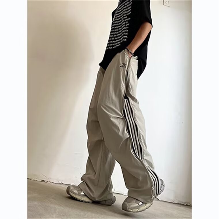 薄款速干三条杠宽松休闲长裤男拉链阔腿伞兵裤网图GB4544-P45有货,男装休闲裤,星座302B