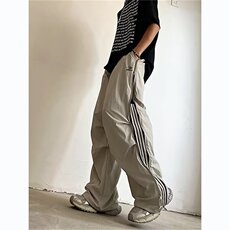 薄款速干三条杠宽松休闲长裤男拉链阔腿伞兵裤网图GB4544-P45有货，男装休闲裤，星座302B