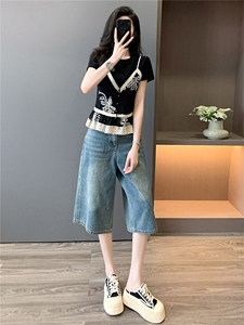 高级感时尚减龄套装女夏设计感蕾丝拼接假两件上衣牛仔中裤两件套图片