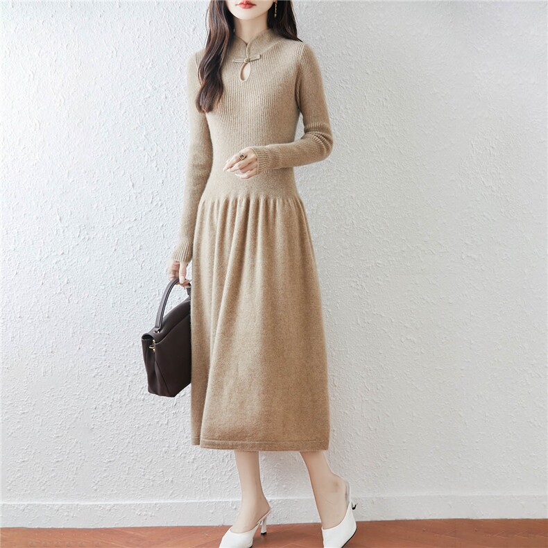 2025年秋季休闲风中长款长袖盘扣时尚百搭连衣裙，女装连衣裙，绒汀羊绒