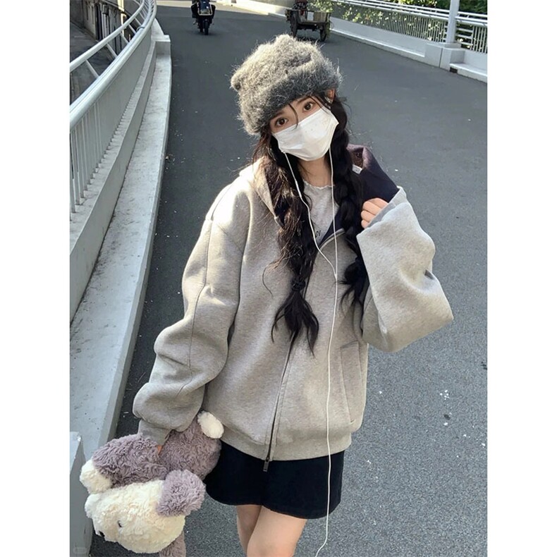 抖音得物高品质二开26春装美式重磅宽松结构双面连帽卫衣外套W68,女装短外套,电商A486