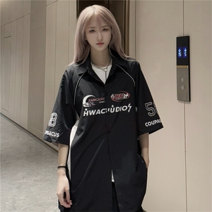 网图 冰丝衬衫侧缝拼接网孔垂感五分袖机车短袖上衣CS2622-P38图片