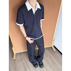 CP1234-P49日系复古假两件撞色翻领短袖polo衫宽松休闲慵懒半袖T，男装T恤，电商B323A