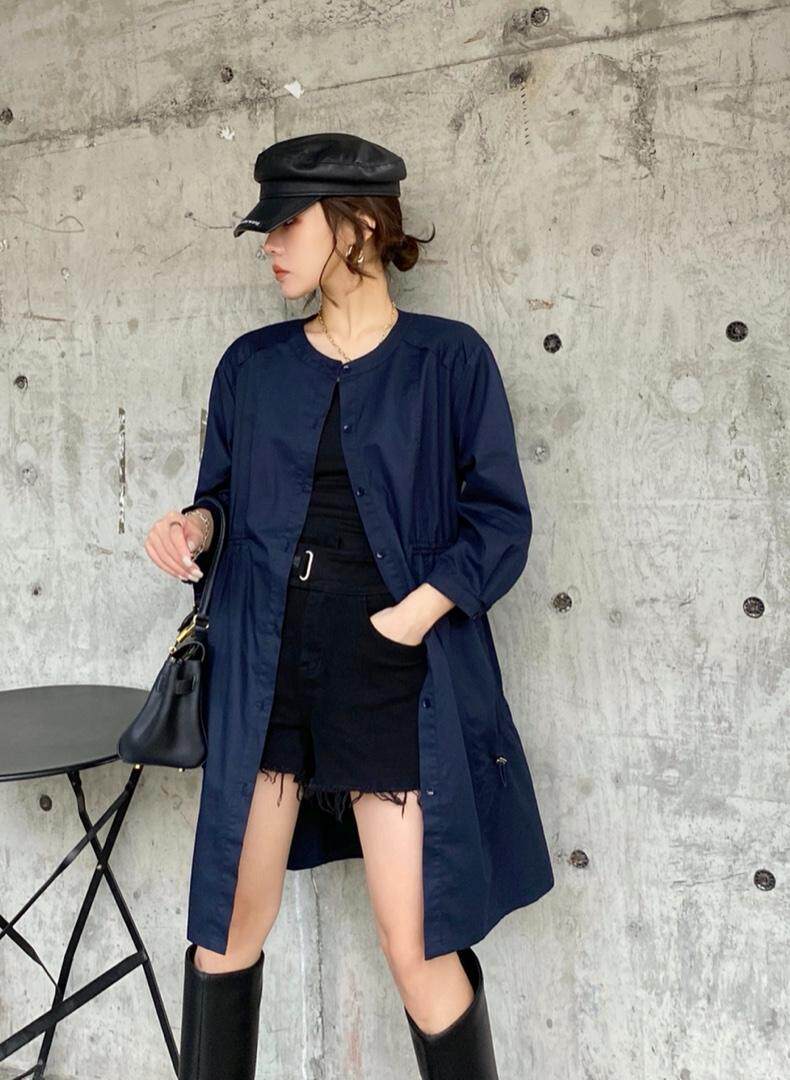 2021秋季新款圆领抽皱式风衣外套连衣裙，女装风衣，微迪菲