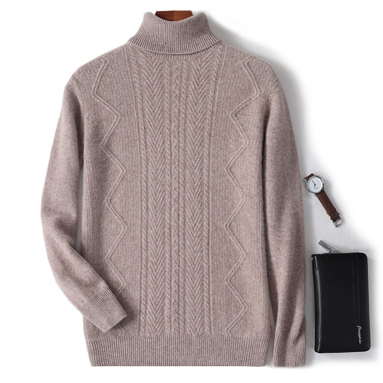 秋冬季新款舒适时尚百搭男士加厚扭花高翻领羊毛衫男装，男装羊毛衫，绒韵雅
