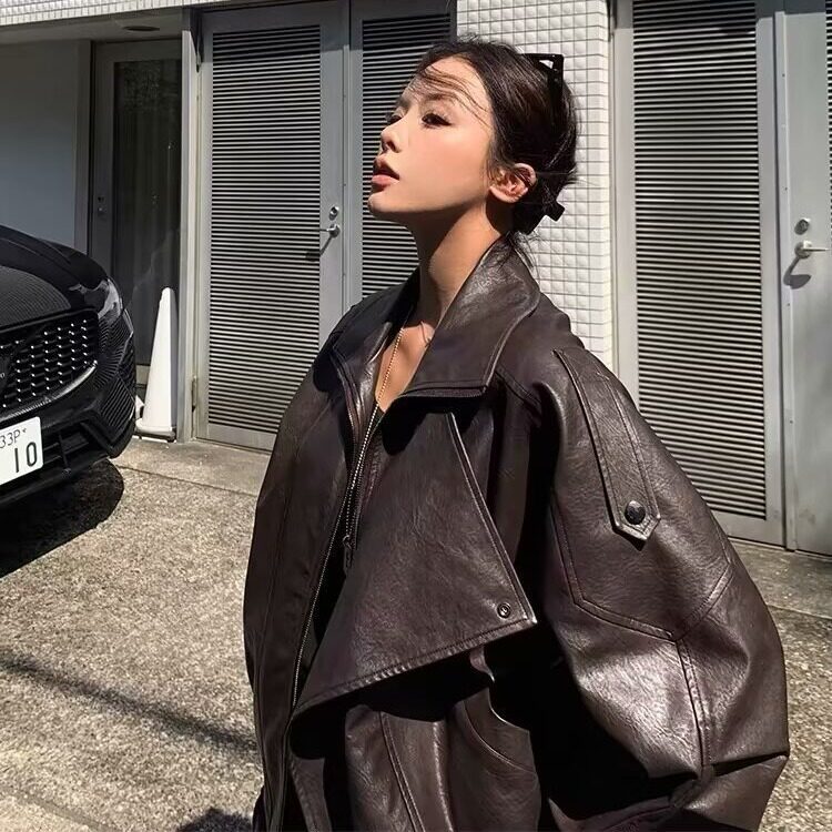 美式美拉德复古做旧工艺棕色皮衣街头腔调高级感皮衣外套女图片