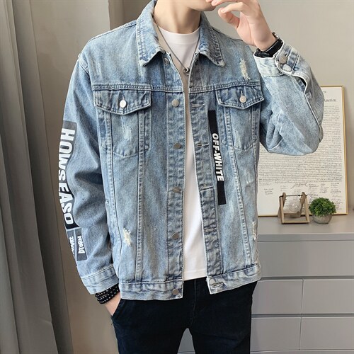 JK302-p95-限价138 现货店主风牛仔夹克肥仔量足破洞印花大码图片