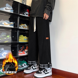 2025冬加绒加厚宽松大码阔腿裤格子翻边休闲裤 JRK8711/P55 黑色图片