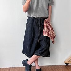 网图复古撞色方巾黑色丹宁原牛仔短裤男女宽松休闲baggy七分裤潮，男装牛仔裤，星座813-3