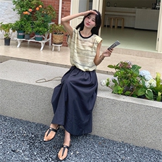 韩版慵懒风无袖条纹T恤套装女2025夏季新款显瘦高腰半身裙两件套，女装套装/套裙，浙宝210（原浙宝191）
