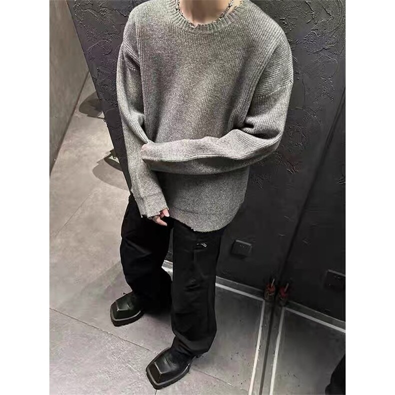 灰色破坏风毛衣男秋冬季潮牌痞帅慵懒cleanfit宽松内搭针,男装针织衫/毛衣,星座218-1（原230）