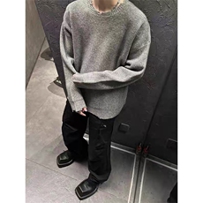 灰色破坏风毛衣男秋冬季潮牌痞帅慵懒cleanfit宽松内搭针，男装针织衫/毛衣，星座218-1（原230）