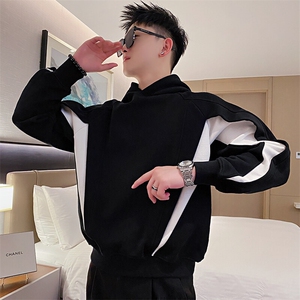 AW96/P78控108秋季社会小伙连帽拼接撞色结构长袖卫衣男黑首图片