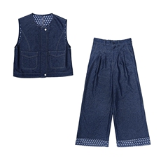 2025年秋季新款时尚潮流牛仔配色两件套裤，女装套装/套裙，心心服饰