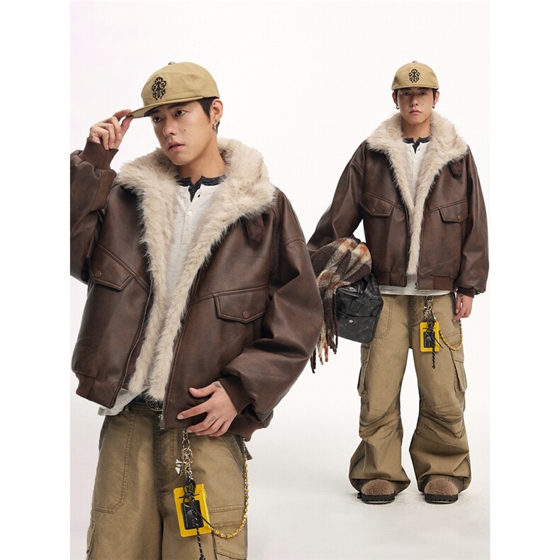 AP美式复古座山雕毛领皮面棉服加厚保暖短款皮毛一体外套男,男装棉衣,星座715-4