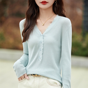 女士新款天丝毛边V领春秋专属打底针织衫图片