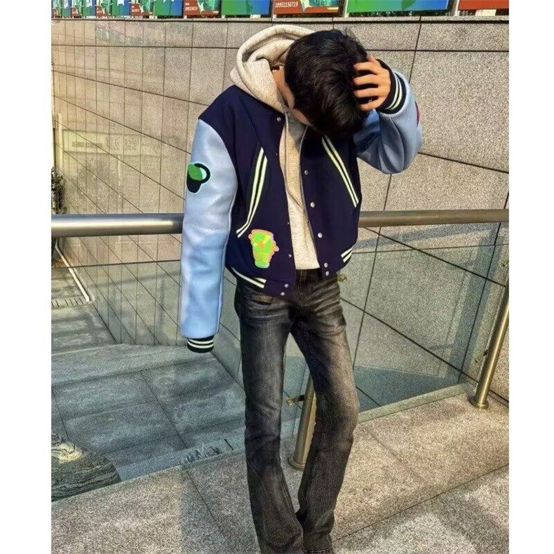 网红同款蓝袖拼接短款棒球服夹克男女春秋季美式高街潮牌百搭外套图片