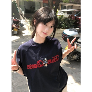 网图有货 美式字母小熊插肩藏青色宽松刺绣短袖T恤男女 A607-P35图片