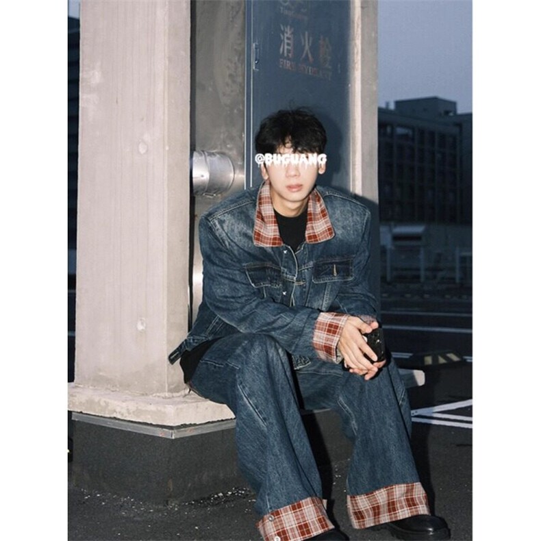 格子不规则拼接高级设计感牛仔套装牛仔裤NZ64特P62JK657特P78,男装牛仔裤,星座908-1