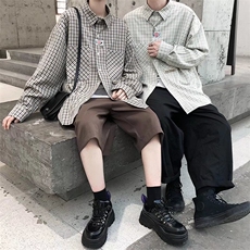 C186-P23春秋款日系复古格子长袖衬衫男装ins潮牌设计感休闲，男装T恤，电商B323A