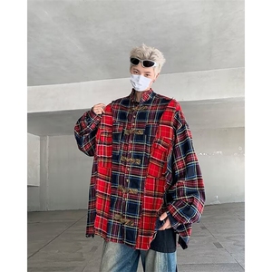潮新中式小众格子衬衫男春季拼接做旧情侣宽松外套潮 CJ26图片
