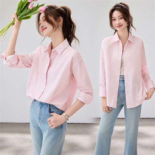 2026春夏新款显瘦清新减龄粉白条纹衬衫女设计感小众宽松叠穿衬衣，女装衬衫，艾米