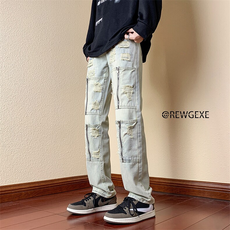 B221美式ins高街小众重工艺拉链破洞小脚牛仔裤LK23017-P65控88,男装牛仔裤,电商B221