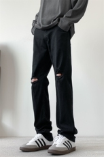 现货纯黑色破洞弹力加大码直筒牛仔裤310A-2BK302P50控78，男装牛仔裤，星座310A-2
