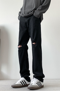 现货纯黑色破洞弹力加大码直筒牛仔裤 310A-2 BK302 P50 控78图片