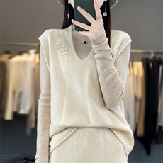 秋冬V领100%羊毛针织马甲女手工绣花无袖背心毛衣宽松羊绒衫坎肩，女装马甲，江南羊绒