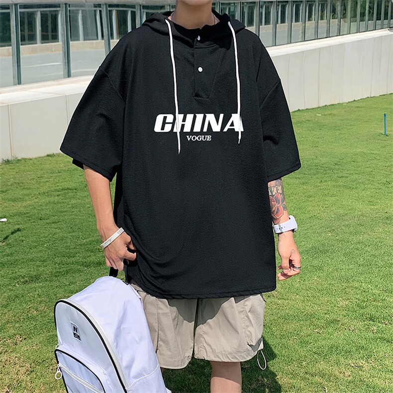 LD54001-P45连帽短袖t恤男大码胖子带帽五分袖中袖,男装T恤,电商A040