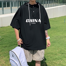 LD54001-P45连帽短袖t恤男大码胖子带帽五分袖中袖，男装T恤，电商A040