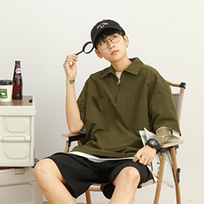 日系宽松时尚情侣款上衣休闲潮牌半拉链款复古短袖HY298TP45控68，男装T恤，电商A102B