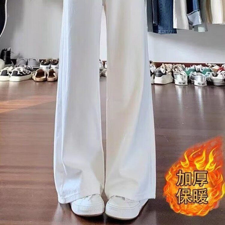白色阔腿牛仔裤女2025秋冬新款高腰宽松加绒垂感小个子直筒牛仔裤图片