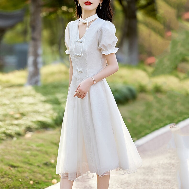 2024年夏季新款盘扣短袖中长款纯色网纱复古女装连衣裙,女装连衣裙,初闻兮