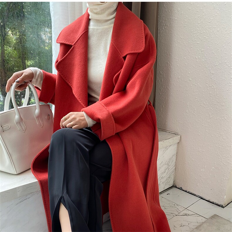 2025年夏季常规中长款长袖纯色系带全毛奥迪款时尚百搭，女装双面呢大衣，蒙绒特
