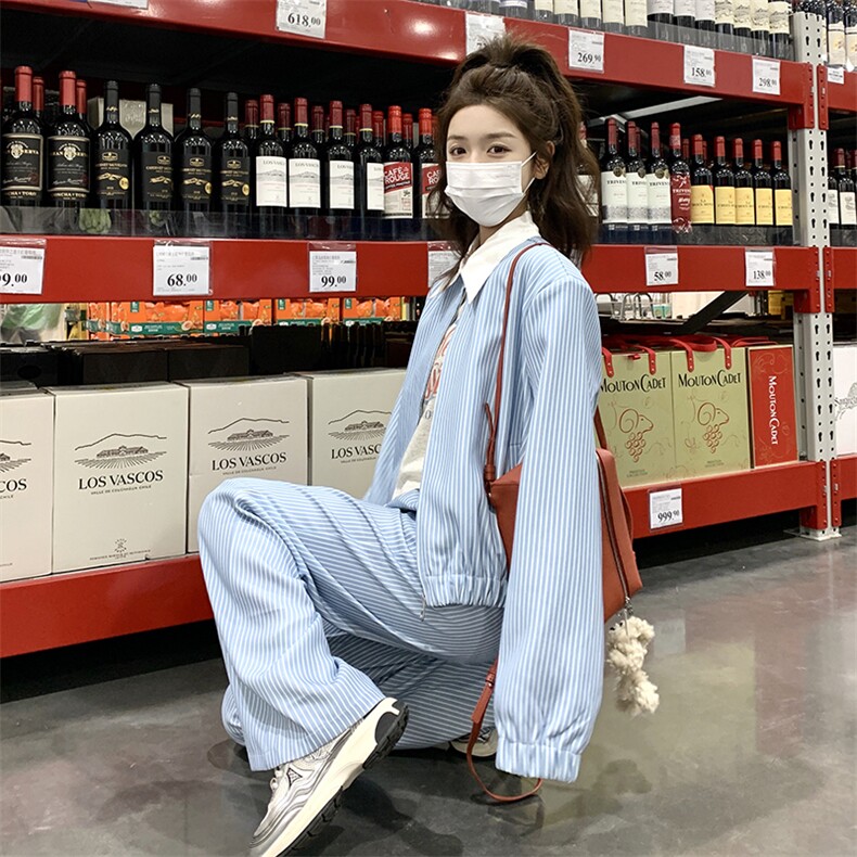 【新款】时髦减龄条纹拼色两件套翻领套装088-9907 p165控228图片