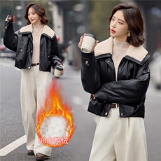 数据好90绒羽绒服。2025冬季新款PU皮羊羔毛领子90绒羽绒服外套女，女装短外套，E百度