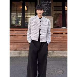 短款垫肩格子外套男春秋高级感痞帅飞行夹克新中式西服上衣WJK73图片