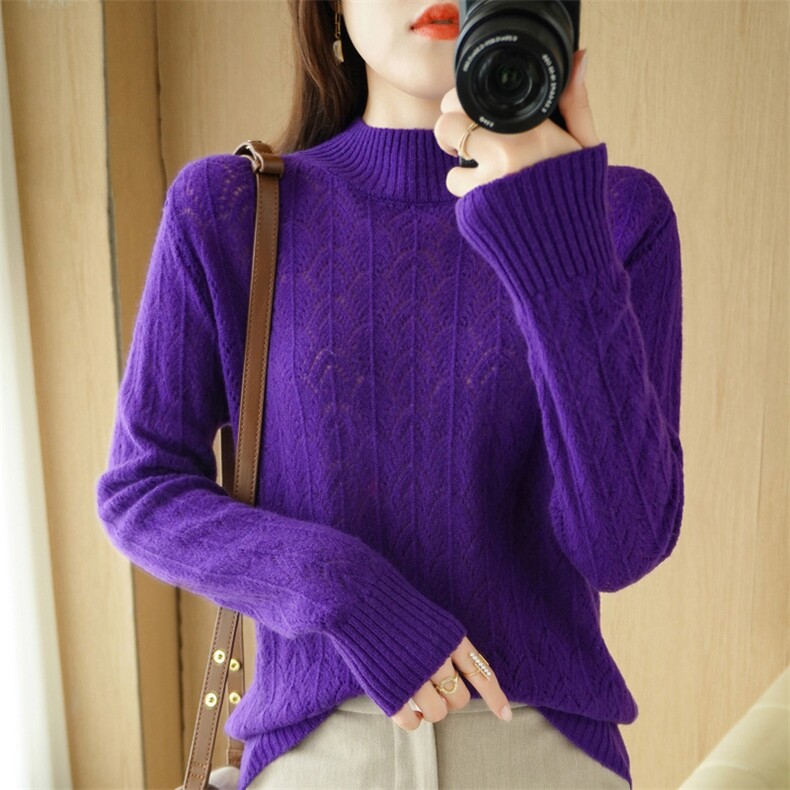 凤尾花镂空半高领羊毛衫女100羊毛针织打底衫内搭毛衣洋气，女装羊毛衫，奢优羊绒