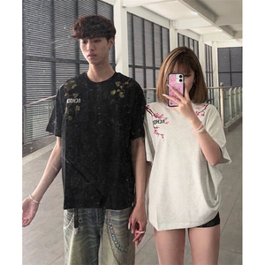 万针全刺绣工艺抖音得物高品质260克重磅纯棉双纱美式高街短袖T恤图片