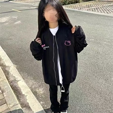 复古宽松学生ins上衣外套美式高街kitty棒球印花拉链夹克黑色外套，男装夹克，星座506A