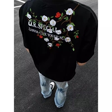 网络图!蓝色花朵刺绣短袖男款美式复古纯棉小领口五分袖T138，男装T恤，星座103A-1