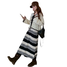 法式温柔风度假长裙套装裙女秋针织镂空开衫条纹吊带连衣裙两件套，女装套装/套裙，浪娴服饰