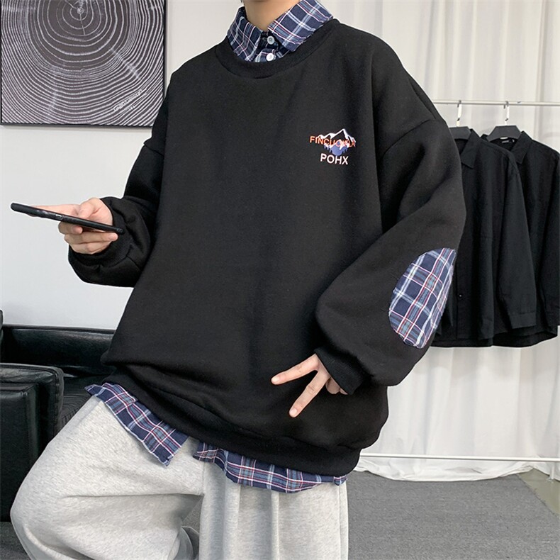 W608-P50聚酯格子衬衫领卫衣男圆领套头,男装衬衫,电商B369（原A024）