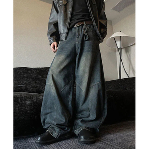 美式复古弯刀裤做日男女小众阔腿宽松痞帅牛仔裤子p50  ZA318图片
