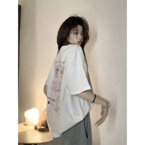 T0656-P25 花灰色高级感 潦草小狗简笔画纯棉卡通印花短袖 男女款图片