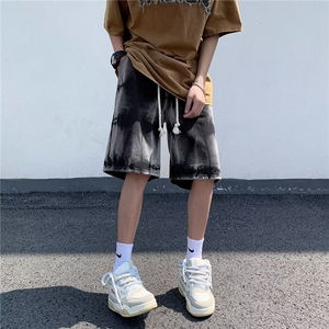 潮牌扎染牛仔短裤男夏季美式潮流水洗复古宽松五分裤子松紧腰马裤图片